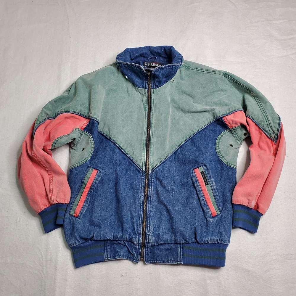 Chili Pepper Mens Bomber Jacket Blue Green Pink Colorblock Denim Cotton Medium